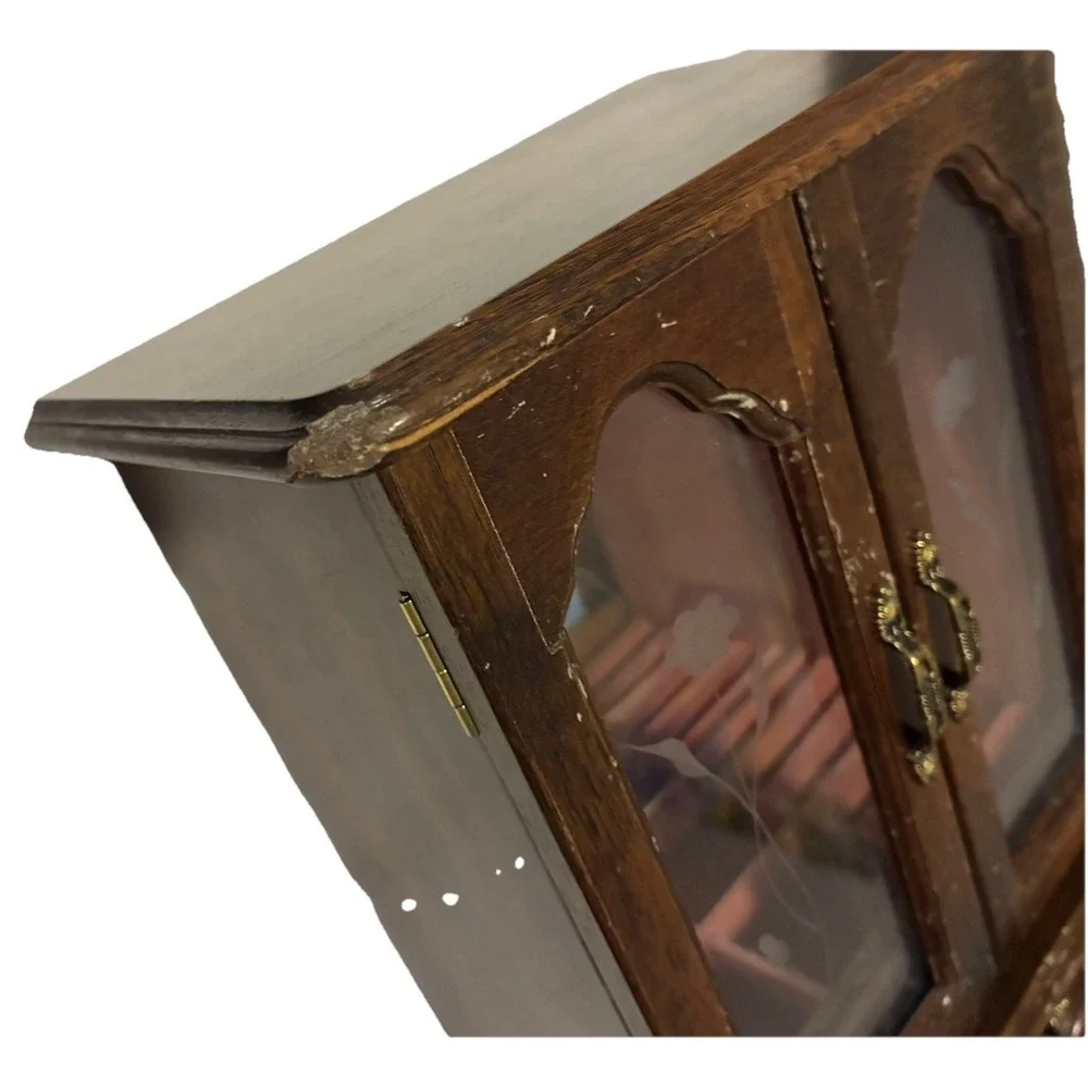 Vintage Jewelry Box Armoire Wood Etched Glass Carousel Mirror Music Box 13x9x5